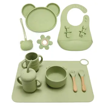 2023 silicone baby feeding set Nonslip separated suction Kids Dining cup bib spoon weaning Children Tableware baby bowl plate