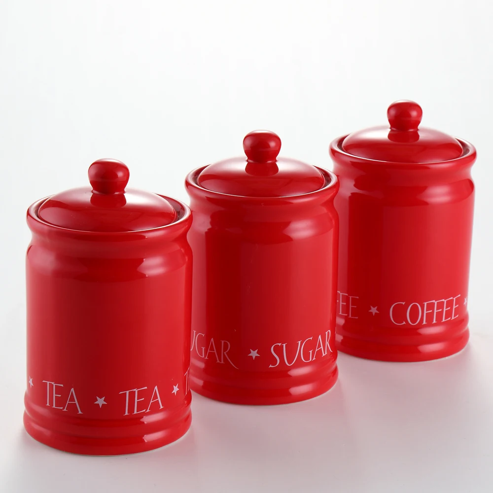 3Pcs Stylish Enamel Storage Canisters Tea Coffee Sugar Jars Set With Lid Red 
