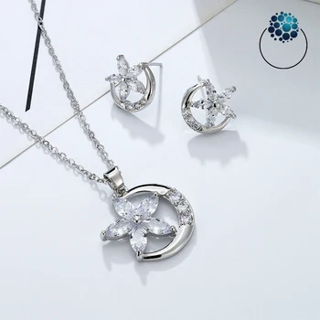 Wholesale Shiny Charm Chain Gold Plated Cubic Zirconia Moon Stars Necklace Earrings Pendant Copper Women Jewelry Set