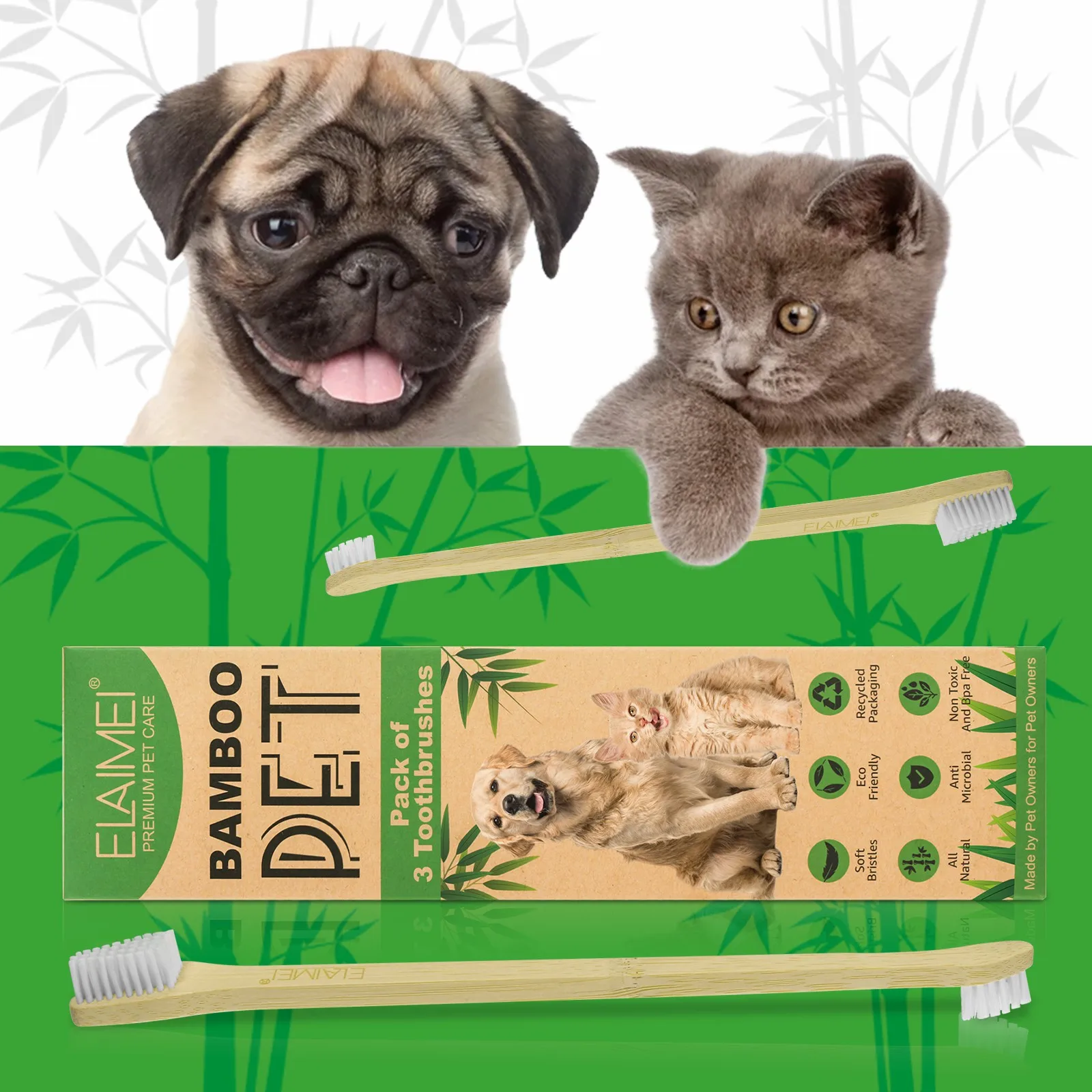 ELAIMEI Bamboo Pet Toothbrush Eco-Friendly Soft Bristles