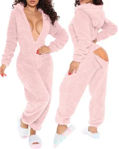 Wholesale Soft Home Wear Women's Pajamas Onesie Sexy V Neck Butt Flap Jumpsuits Rompers Bodycon Bodysuits Winter Warm Sleepwear