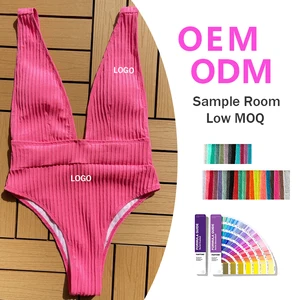 Women's New Hot Mature Deep V Latex Plain Ribbed One-Piece Swimsuit Swimwear