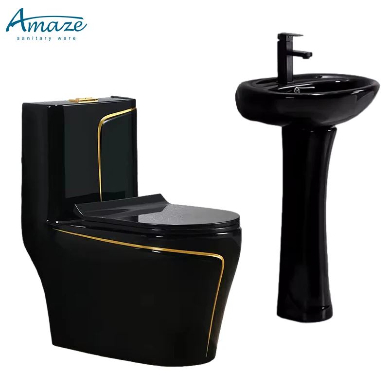 Luxury bathroom sanitary ware ceramic toilet color set black with gold line commode one piece toilet factory