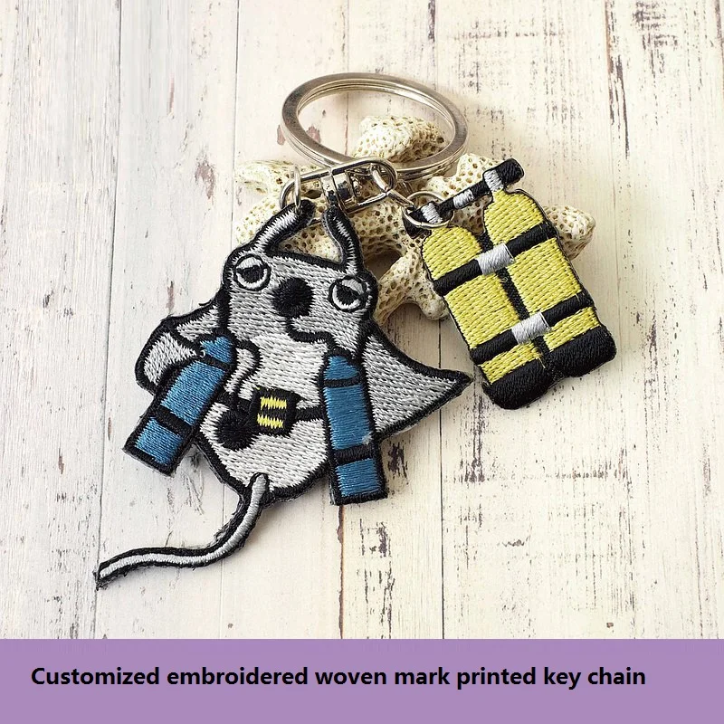 Customized Embroidered Woven Mark Printing Key Ring Life Jacket Surfing Diving Cartoon Shark Keychain