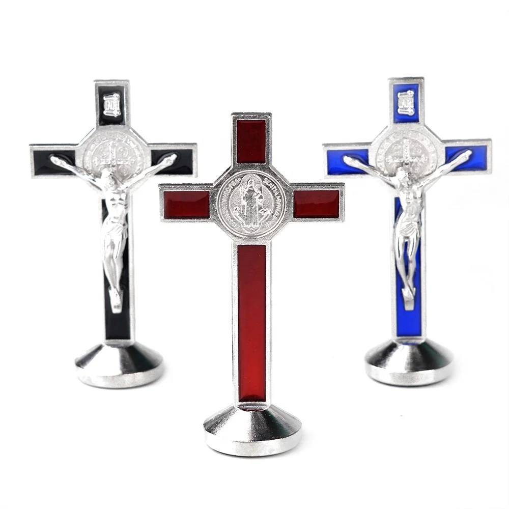 Small Table Jesus 80X42mm Cross Standing Crucifix  Metal Magnet Saint Benedict Car Auto Cross Crucifix  Statue with Base