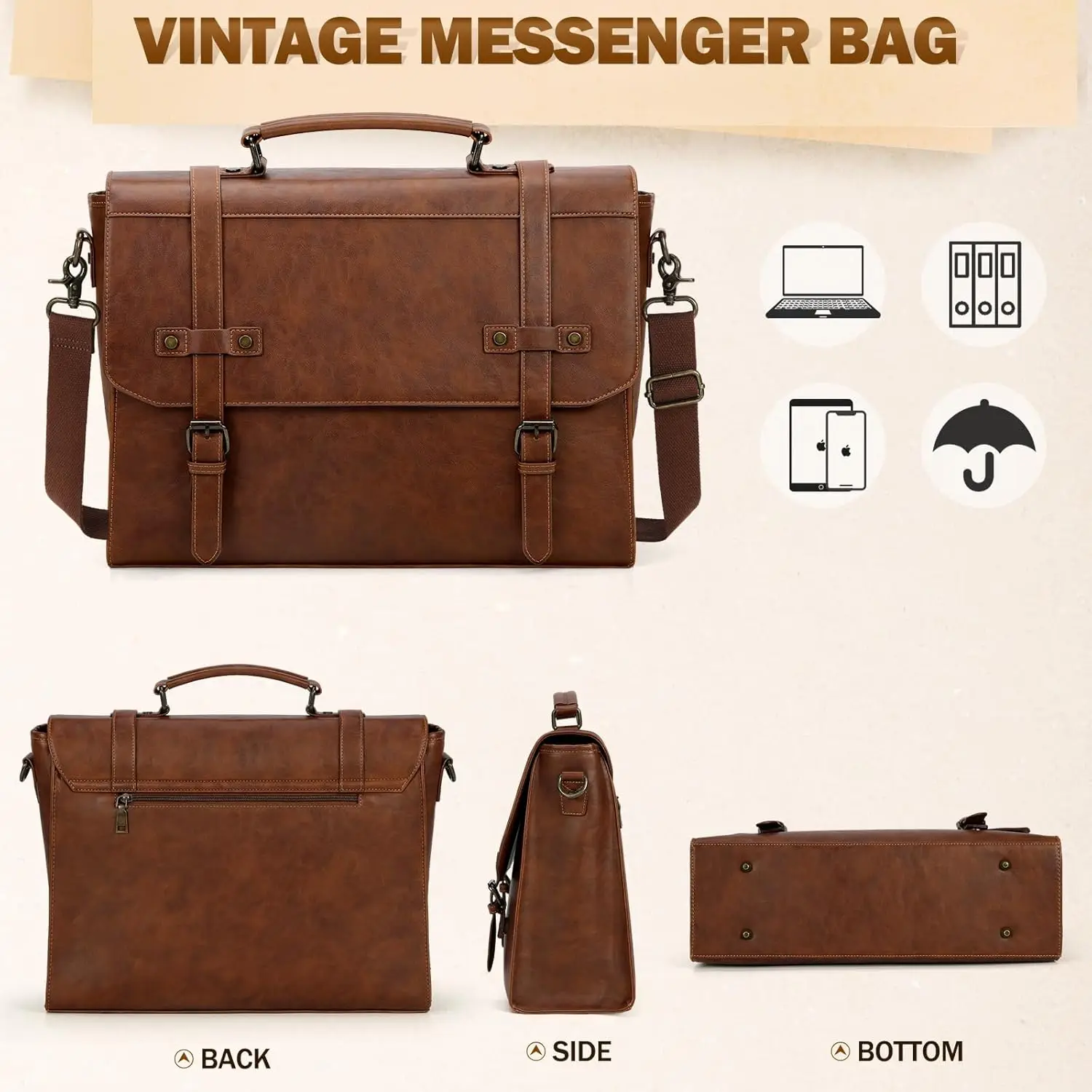 Messenger Bag 15 16 17 Inch Waterproof Vintage Leather Laptop Briefcase Large Satchel Bags with Shoulder Straps Business Style details