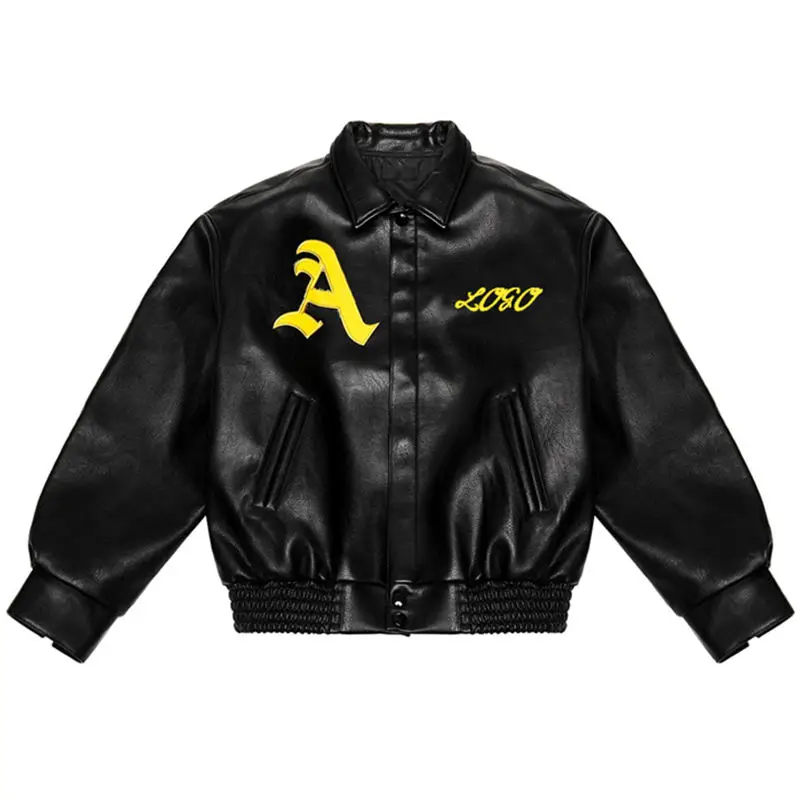 Custom Logo and Text Embroidered Stand Collar Patch Design Zipper up Speed Racer Leather Jacket