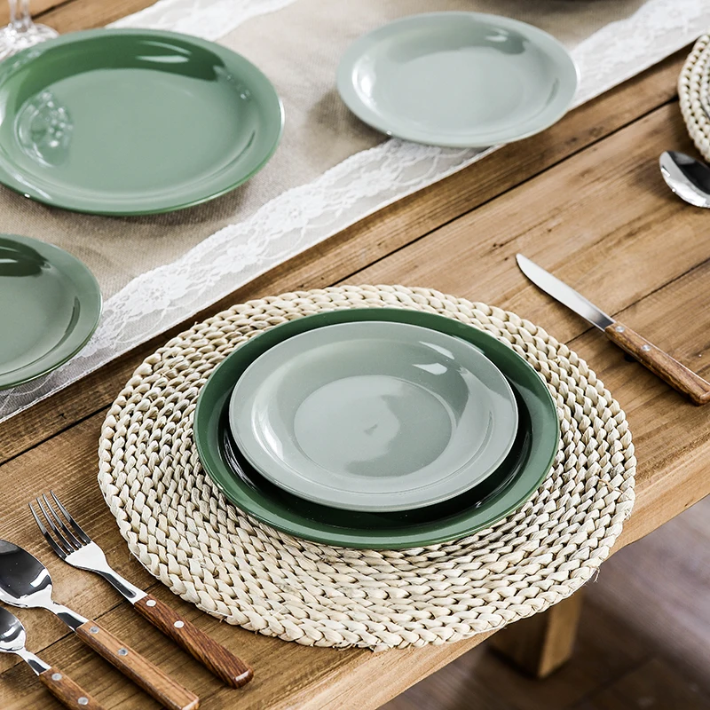 Wholesale Durable Porcelain Wedding Plate Dishes Glossy Green Glazed Ceramic Dinner Plates For Restaurant