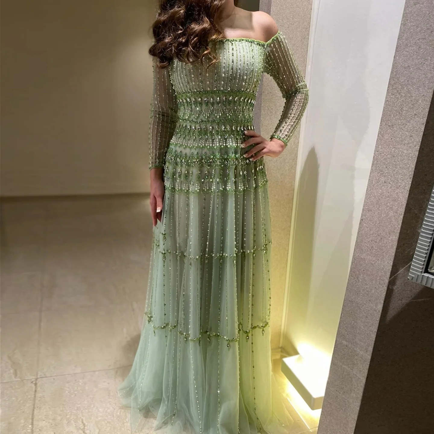 Sharon Said SS588 - Elegant off Shoulder Sage Green Dress