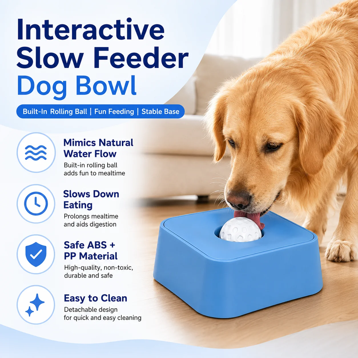 Stock Stylish Portable Modern Solid Pattern Pet Slow-feeding Square Bowl Built-in Rolling Ball Waterproof Cats Dogs PP Material