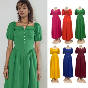 Wholesale New Women Solid Color Sexy square Collar Short Sleeve Simple Button Fashion Dress