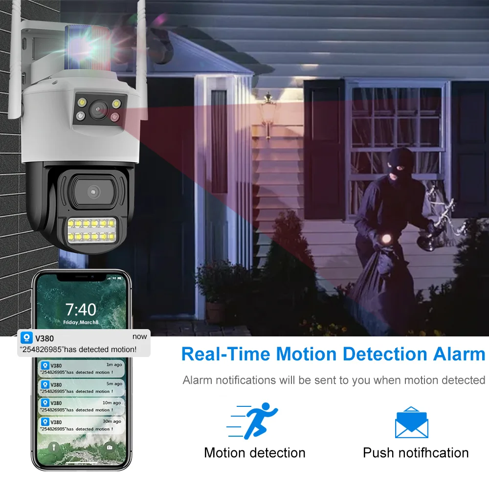 V380 4MP IP CCTV Camera Outdoor Security with 4G Dual Lens & PTZ Network CMOS Sensor for Micro SD Card Data Storage Option