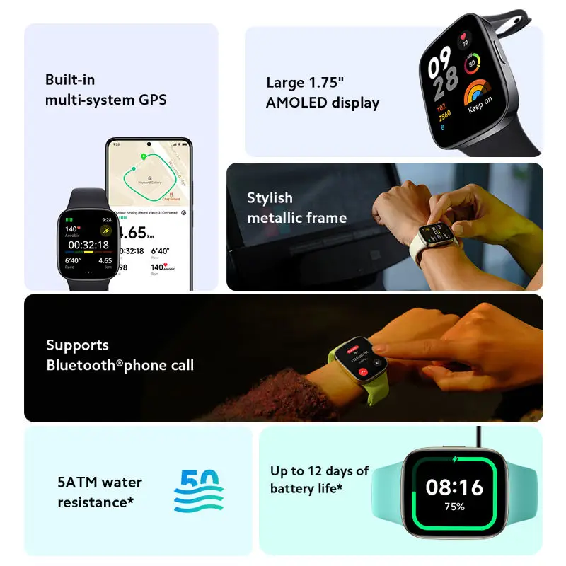 Wearable Devices 1.75 Inch Amoled Smart Watch Heart Rate Sensor Wireless Phone Call Smart Bracelets for Xiaomi Redmi Watch 3