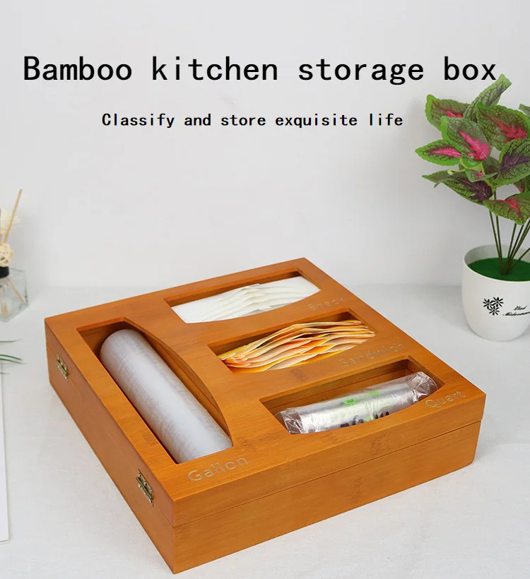 Kitchen Bamboo Ziplock Food Bag Storage Drawer Organizer Foil Organizer With Cutter Sandwich Gallon Snack Bag Storage Organizer