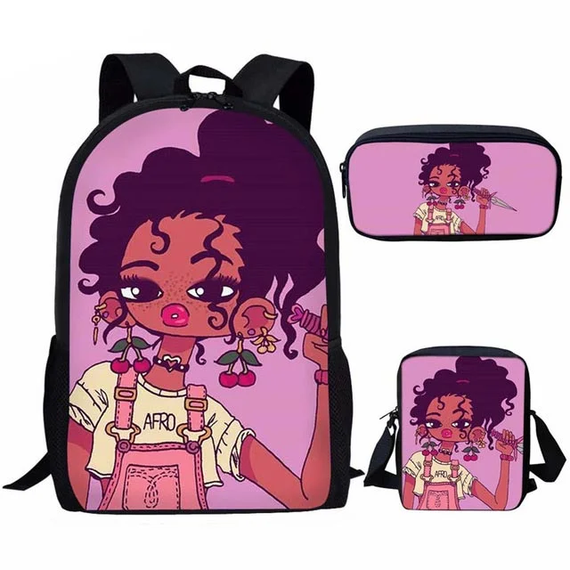 ZOUTAIRONG 4-in-1 Afro Black Girls Backpack Set - 17" Laptop Bookbag With Lunch Box, Pencil Case, Water Bottle Holder