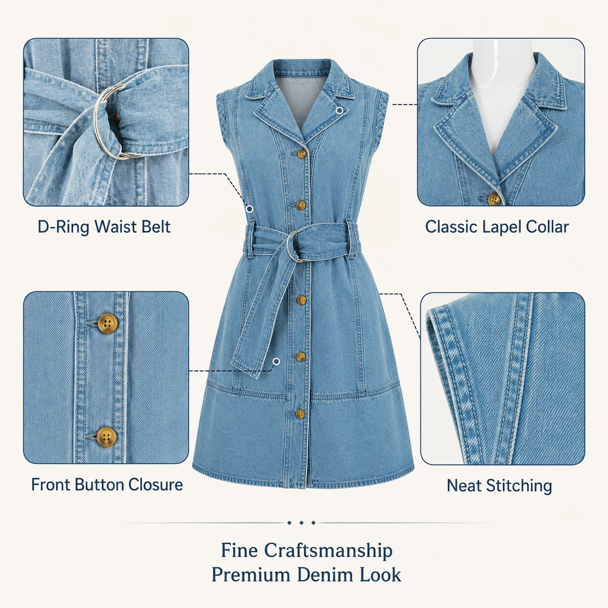 Classic Collar Button Front Skinny Fit Sleeveless Straight Denim Mini Dress for Women Summer Casual Light Wash