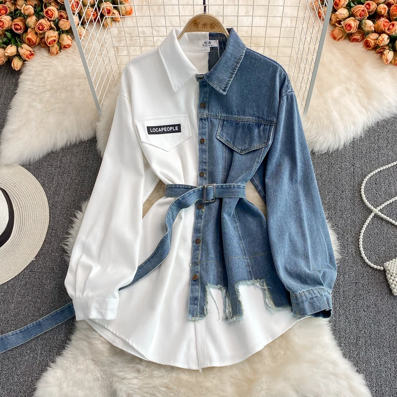 Long Tops New Girl Top Dress Fashion Denim Splicing Lapel Shirt