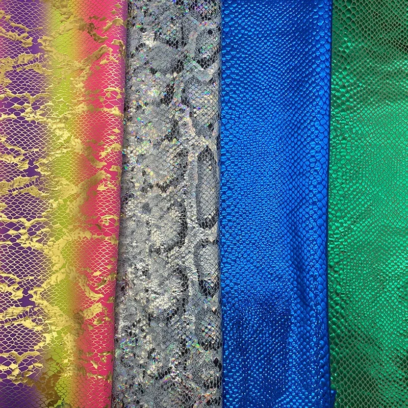Free Sample Stretchy Polyester/polyamide Spandex Knitted Shiny Holographic Snake Skin Foil Print Fabric for Swimsuits Beachwear
