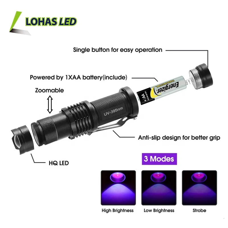 Светодиодный УФ фонарик 395нм или 365нм, черный алюминиевый фонарь с регулируемой яркостью, детектор мочи, Ультрафиолетовый фонарь для скорпионов