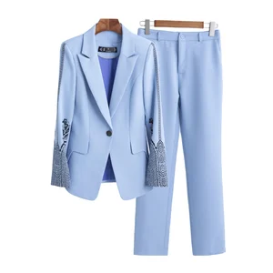 Customize Fall Women's Long Sleeve Anti-Wrinkle Viscose/Polyester Single Breasted Button Formal Suit Tuxedo Office Blazers Pants