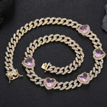 Fine Jewelry Iced Out 10mm Pink Heart Zircon Silver Cuban Chain Bracelet Hip Hop Single Row Prong Link Chain Bracelet for Women