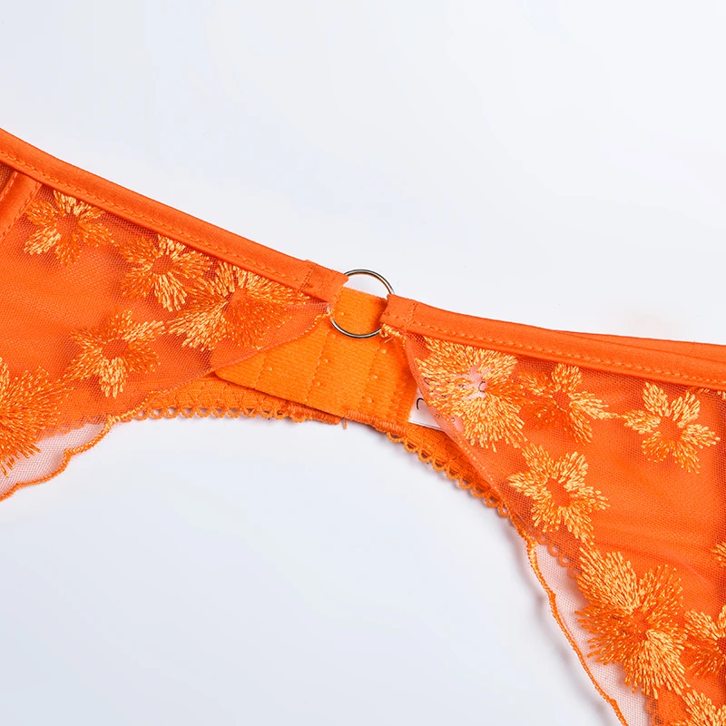 Deep Love Cheapest Women Orange Embroidery Mesh Garter Lingerie Set ...