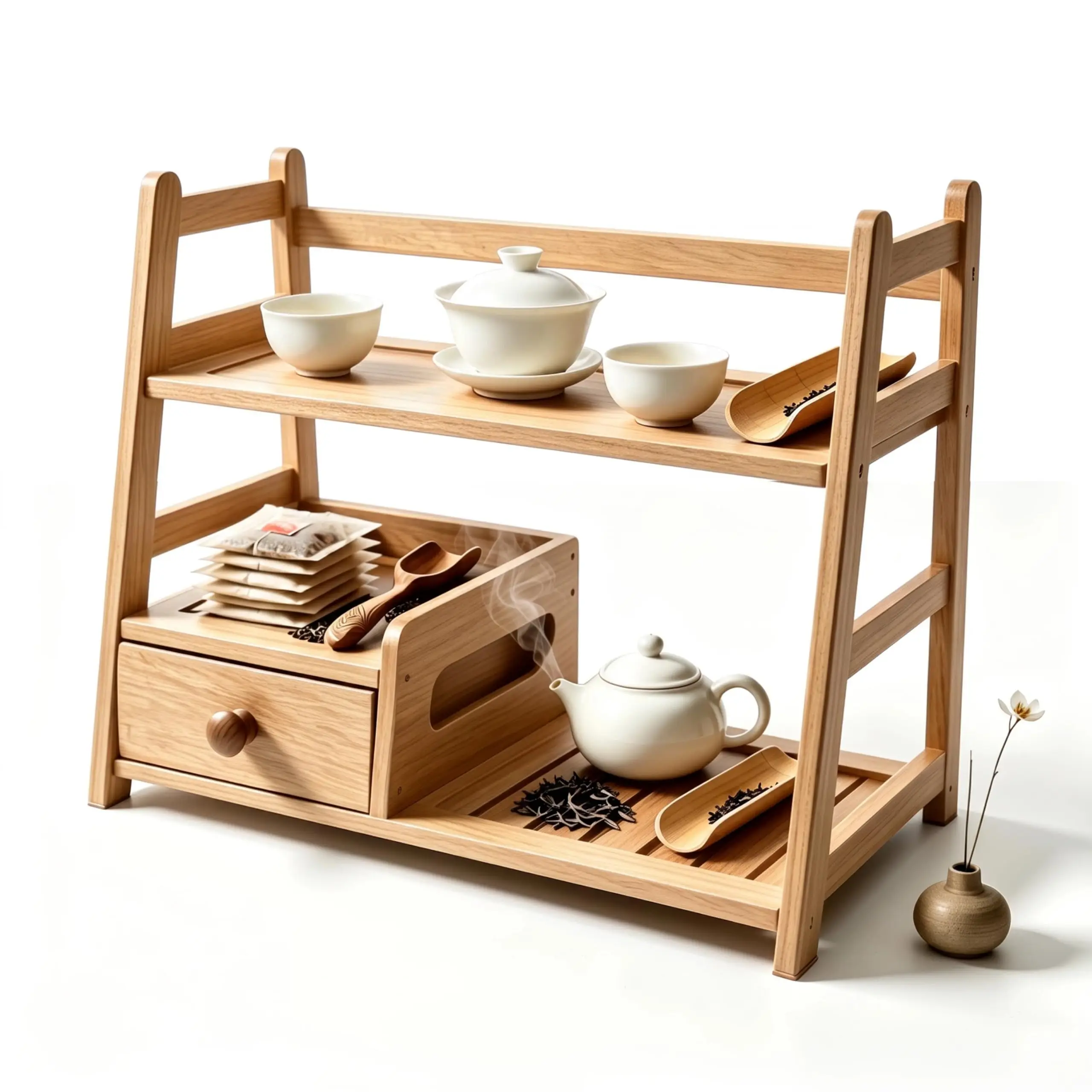 Bamboo Tea Matcha Coffee Station with Drawer Tea Rack Countertop Tea Bag Display Shelf Tea Station Storage Rack for Kitchen