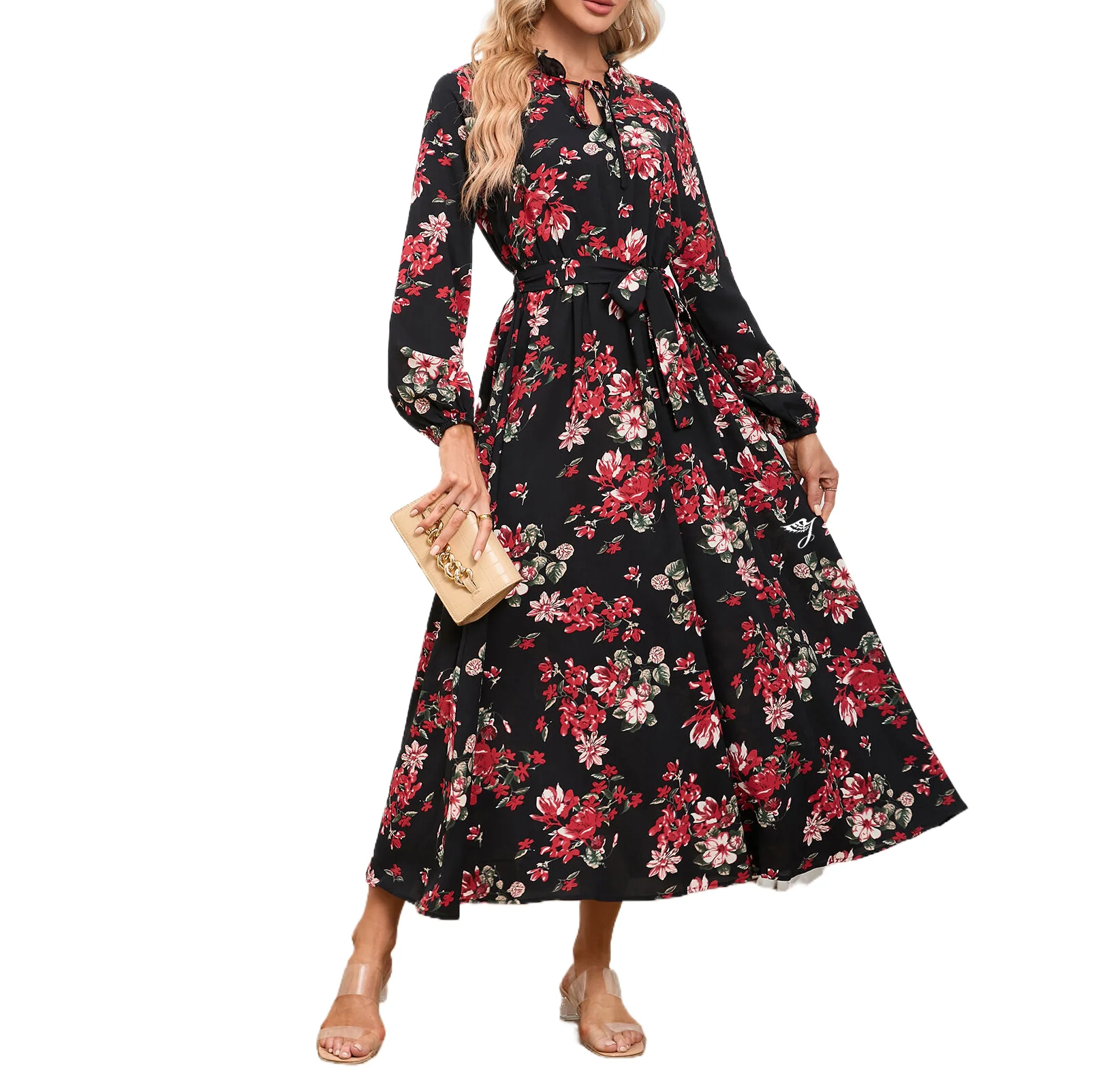 Smo Womens Long Sleeve Printed Floral Midi Dress Autumn Clothing Ladies ...