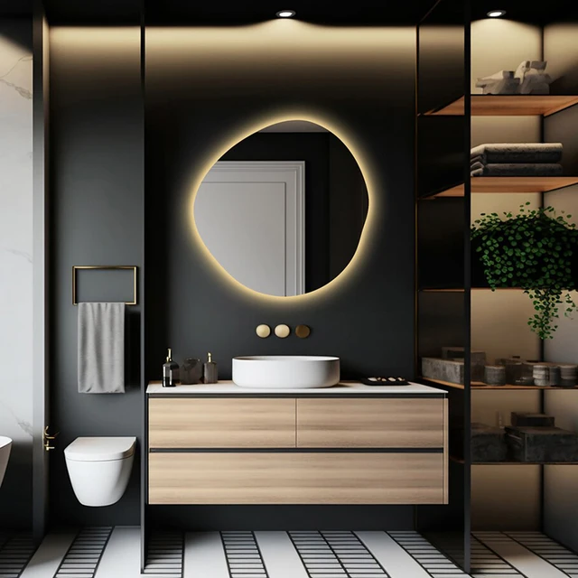 Asymmetrical Bathroom Mirror With Led Lights, RGB Led Vanity Mirror, Irregular Lighted Mirror, Illuminated Wall Mirror, Backlit