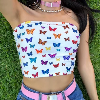 2020 Summer Bottoming Sexy Woman white women crop top slim butterfly print sleeveless top women Tube top
