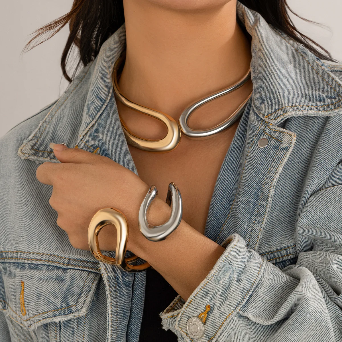Exaggerated Design Gold Plated Irregular Fashion Jewelry Jewelry Sets Big Open Twist Knot Choker Necklace Bracelet Femme