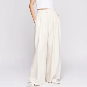 Wholesale Customized High Waist Casual Solid Pattern Button Detail Wide-Leg Pleated Plaza Pants Ladies Straight Jeans Breathable