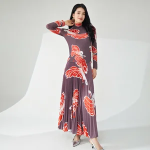 Miyake Women's Fashionable Two-Piece Set Pleated Stretch Fabric Long-Sleeved Top and Long Skirt Elegant Printed Design