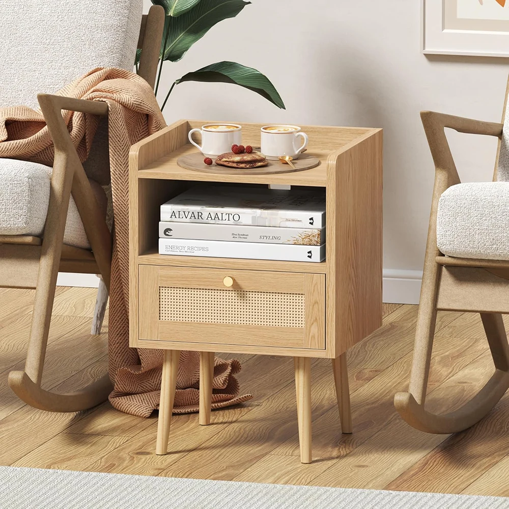 product modern wood night stand charging station with storage rattan end table for small space bedroom kids dorm natural-6