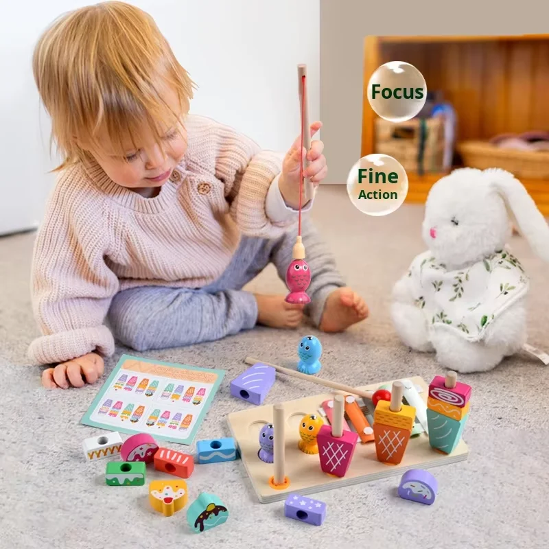 Višenamjenski 3 u 1 set za djecu, igra ribolova, sladoled, Montessori glazbeni drveni ksilofon, zabavni edukativni igrački