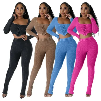 2024 New Amazon European and American Foreign Trade Women's Square Neck Sexy Tight Pencil Pants Fashion Two-Piece Set
