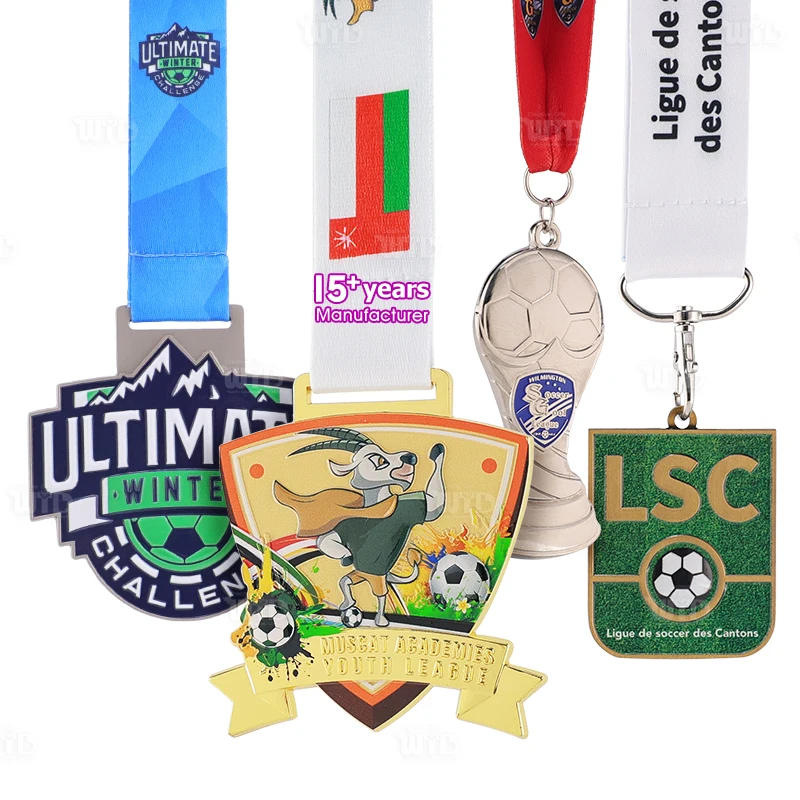 Medalha Personalizada de Alta Qualidade de Futebol com Fitas, Prêmio Esportivo, Design de Medalha Metálica com Logotipo Personalizado, Medalha de Esmalte de Futebol