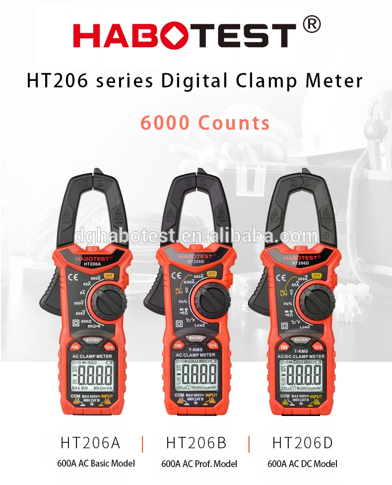 HABOTEST Upgraded Version HT206D Handheld NCV Digital Clamp Meters Voltmeter Ammeter Capacitor Battery Tester 6000 Counts