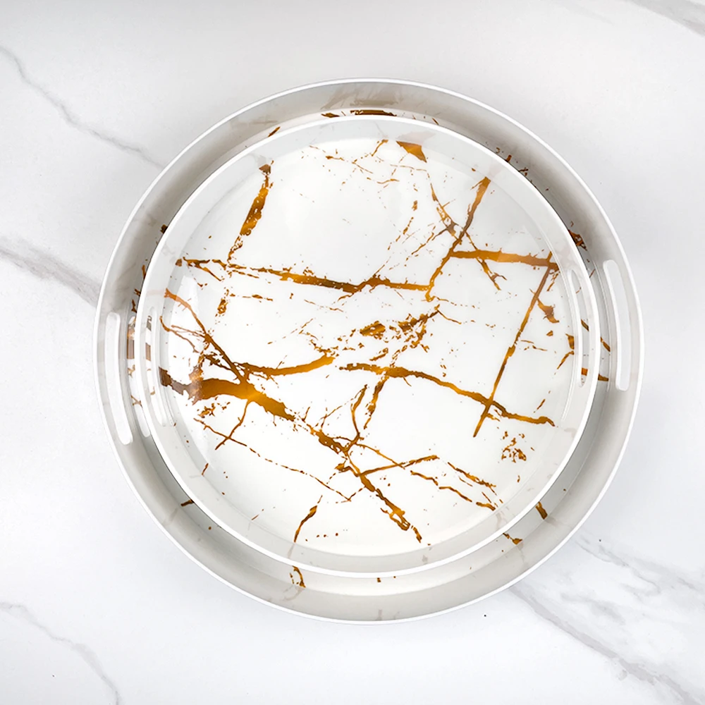 New Arrival Custom Seamless Marble Design White Gold Stamping Restaurant Unbreakable Bulk Nordic Melamine Tray