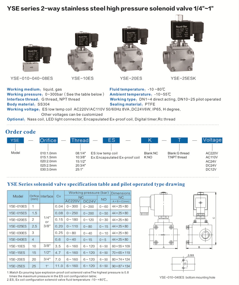 SS304 High Pressure Solenoid Valve with Nass Coil 1.6MPA G1/4"~1" Port and 3 Years Warranty
