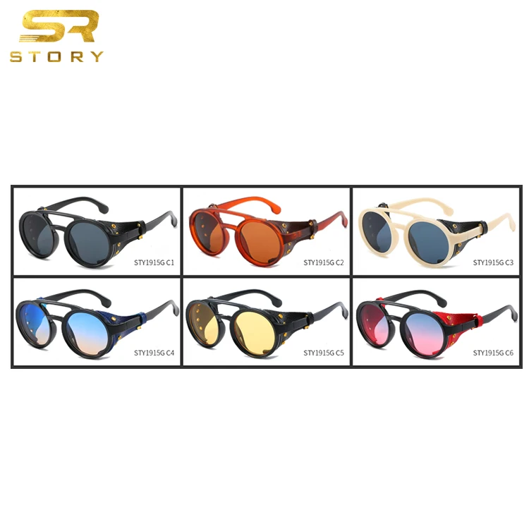 STORY STY1915G PU Leather Designer Round Frame Eyeglasses Men Women UV400 Vintage Sunglasses Retro Steampunk Sun Glasses