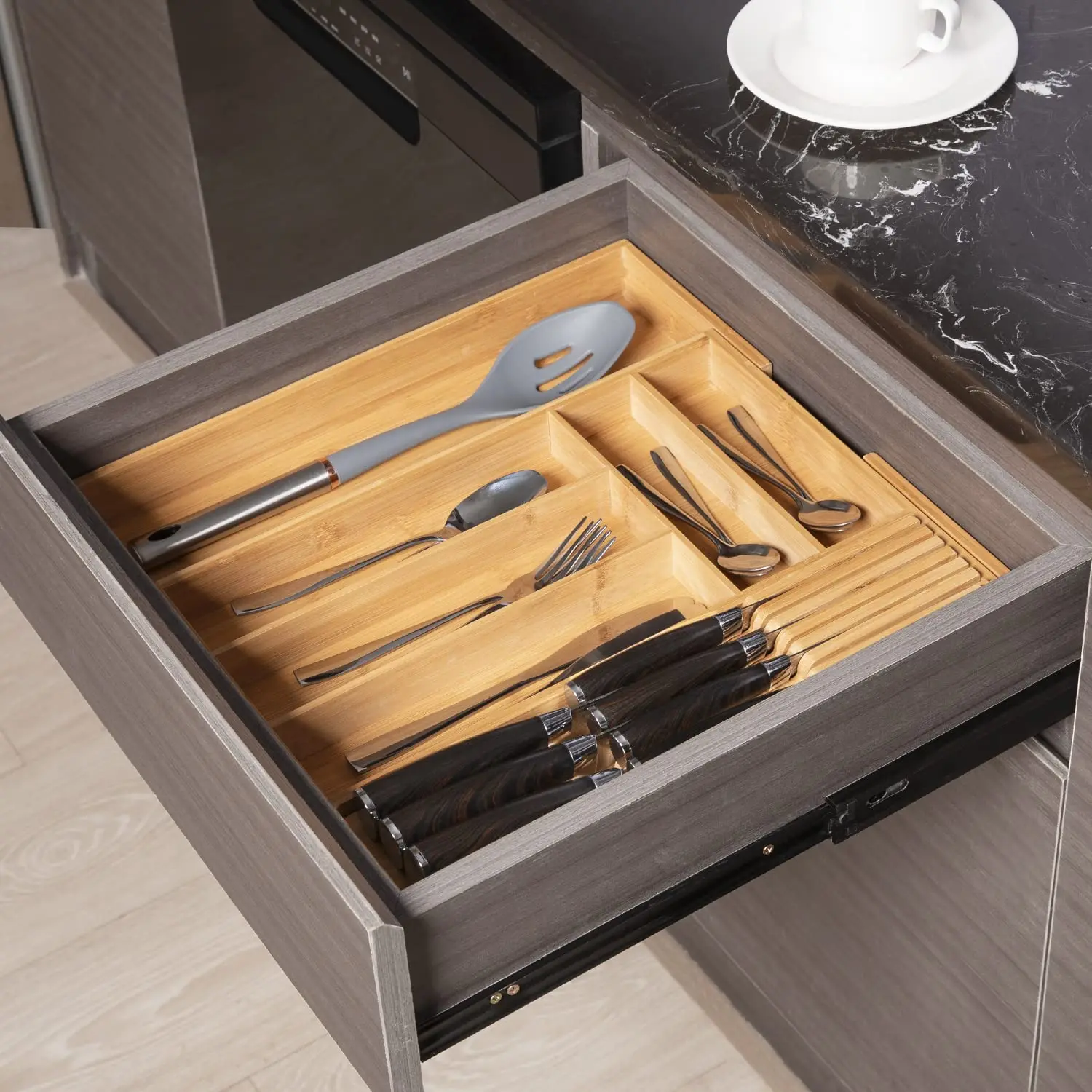 product expandable bamboo drawer organizer removable knife block 8 compartments kitchen silverware cutlery tray utensil storage divider-7
