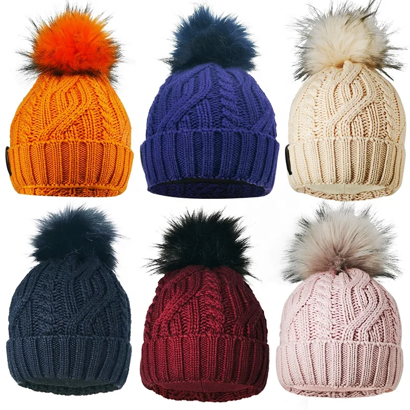 Custom Merino Wool Faux Fur Pom Pom Hats Cable Knit Wool Luxury ...