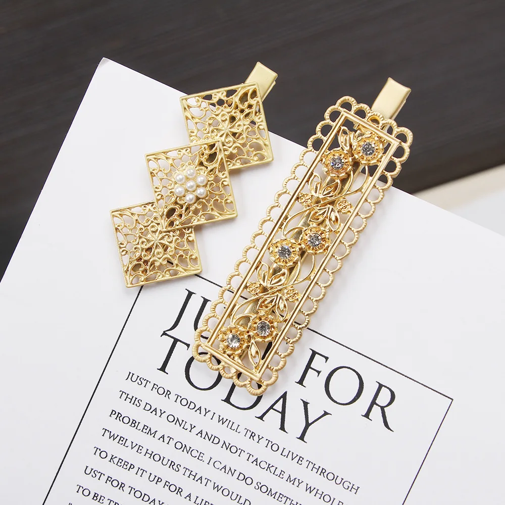 Классические винтажные ажурные зажимы типа крокодил с жемчугом женские золотые металлические перьями и ракушками для резьбы заколки волос девочек