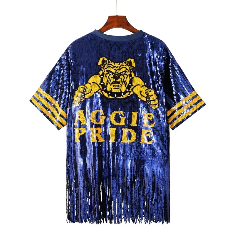 Custom Team Logo Bling Sequin T-shirt AGGIE Tassels Sequin Jersey Dress  Fringed Top
