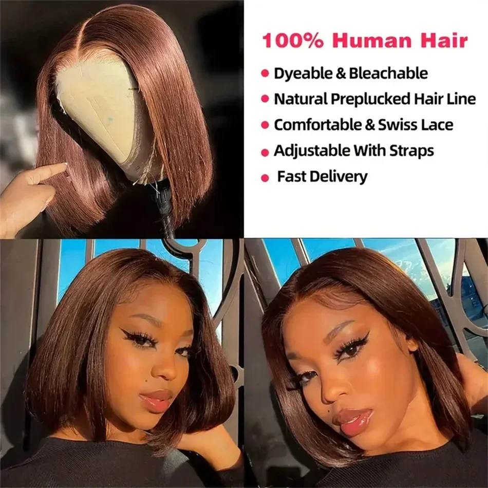 Chocolate Brown Bob Straight 13x4 Lace Human Hair Wigs 210% Density Brazilian Natural_voghion.com
