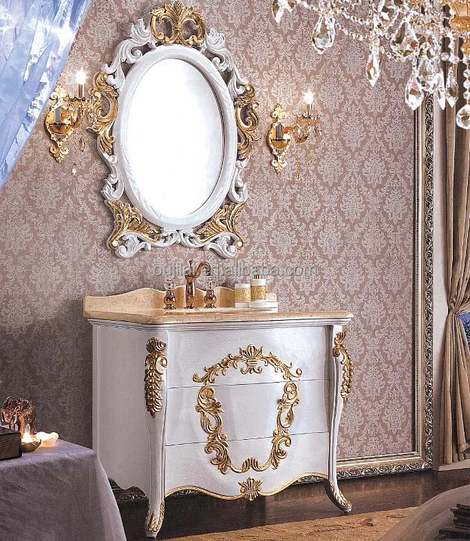 Royal Antique Victorian White Gold Leaf Bathroom Vanity,Luxury