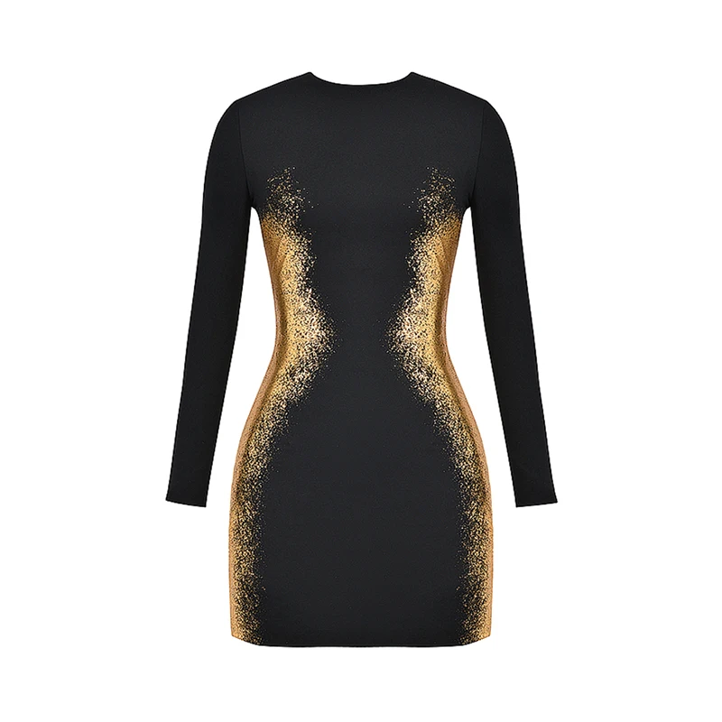 Custom Black and Gold Foil Print Mini Bodycon Club Dress Fashion New Women  Slim Fit Long Sleeve Party Dresses