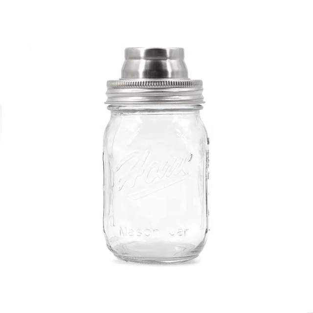 Custom Bar Party Wide Mouth Cocktail Martini Shaker Bottle Stainless Steel Mason Jar Shaker Lid Clear Glass