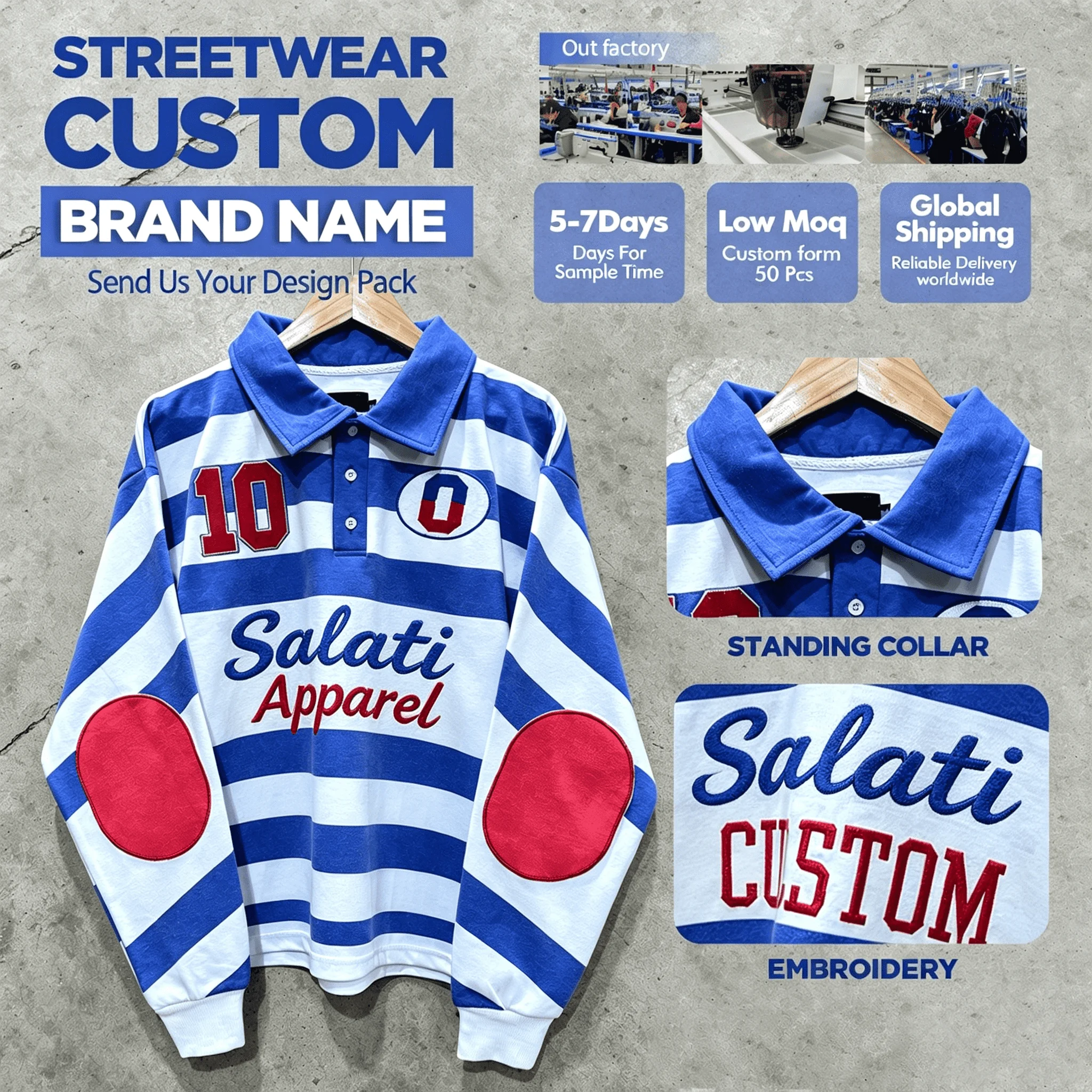 Factory Custom Retro Stripe Long Sleeve Rugby Polo Applique Letter Print Elbow Pad Hip Hop Loose Fit Mens Casual Collar Tee